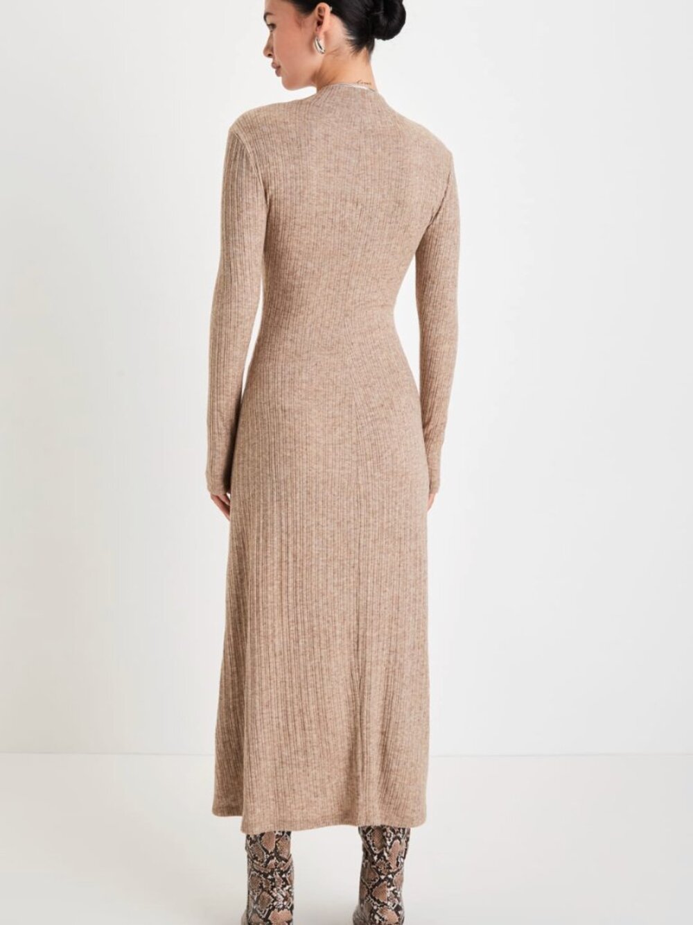 Lulus Long Sleeve Ribbed Midi Sweater Dress, Heather Beige, XS - Picture 2 of 7